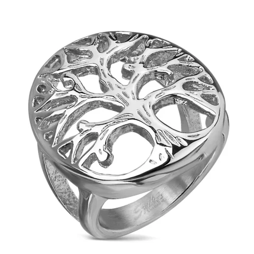 Ezüst színű sebészeti acél gyűrű életfa motívummal ovális formában - Nagyság: 62 ékszer webáruház
