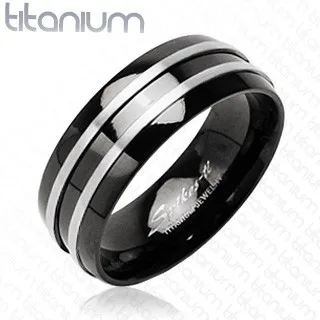Fekete titánium gyűrű - két ezüst csík - Nagyság: 67 ékszer webáruház