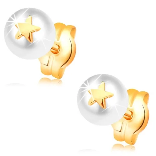 Fülbevaló sárga 14K aranyból - fehér gyöngy kis fényes csillaggal ékszer webáruház