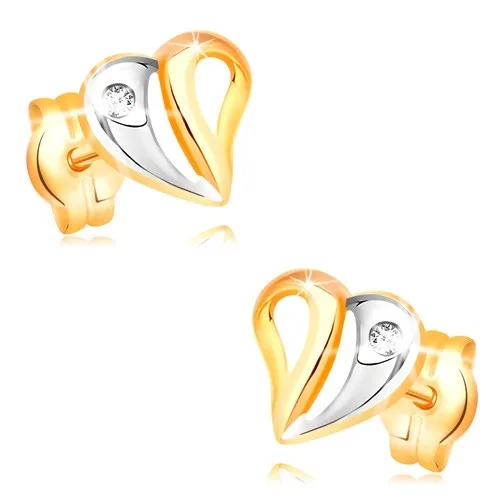 Fülbevaló sárga és fehér 14K aranyból - kétszínű szív kivágásokkal és cirkóniával ékszer webáruház