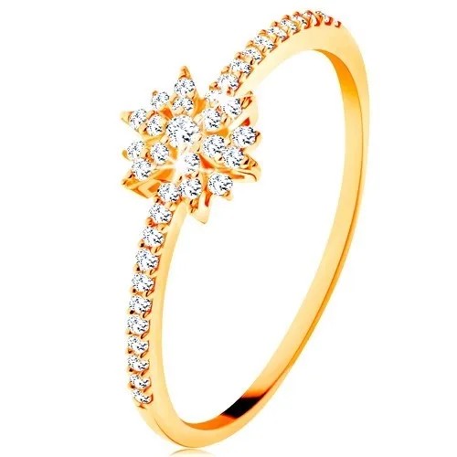 Gyűrű 9K sárga aranyból - csillogó virág átlátszó cirkóniákból