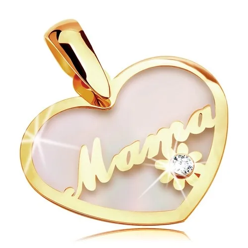 Medál sárga 14K aranyból - gyöngyházas szív Mama felirattal és virággal ékszer webáruház