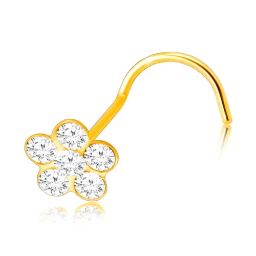 Piercing 375 sárga aranyból ívelt véggel – virág átlátszó kerek szirmokkal ékszer webáruház