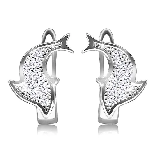 Ródiumozott fülbevaló 925 ezüstből – csillogó delfin átlátszó cirkóniákkal díszítve ékszer webáruház