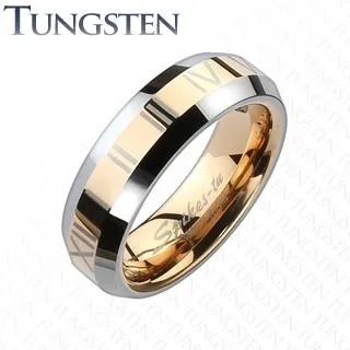 Tungsten karikagyűrű - vörösarany sáv római számokkal - Nagyság: 67 ékszer webáruház