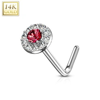 Ékszer webáruház elegáns ékszerek  - 14K fehér arany ívelt orr piercing - piros cirkónia