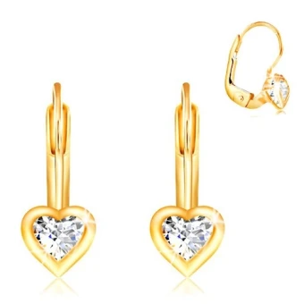 Ékszer webáruház elegáns ékszerek  - 14K sárga arany fülbevaló - átlátszó szív alakú cirkónia fényes szegéllyel