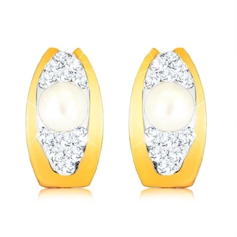 Ékszer webáruház elegáns ékszerek  - 375 arany fülbevaló - félhold Swarovski kristályokkal és fehér gyönggyel díszítve