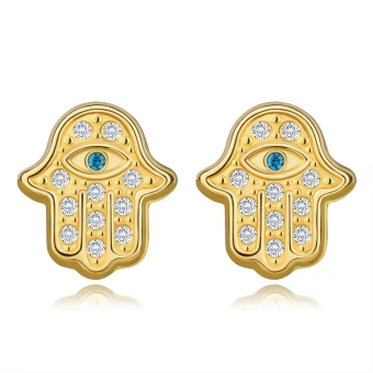 Ékszer webáruház elegáns ékszerek  - 585 sárga arany fülbevaló - Hamsa cirkóniákkal
