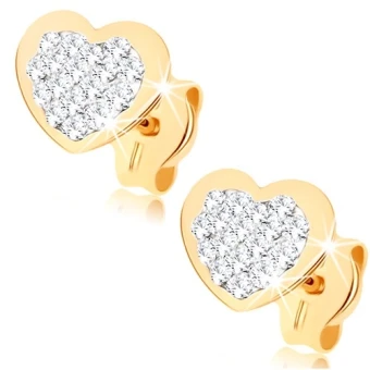 Ékszer webáruház elegáns ékszerek  - Bedugós fülbevaló 9K sárga aranyból - szívecske Swarovski kristályokkal kirakva