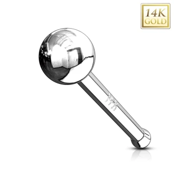 Ékszer webáruház elegáns ékszerek  - Egyenes 14K fehér arany orr piercing - fényes sima golyó - A piercing vastagsága: 1 mm