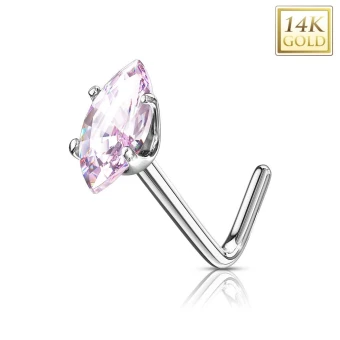 Ékszer webáruház elegáns ékszerek  - Hajlított 14K fehér arany orr piercing - búzaszem alakú rózsaszín cirkónia