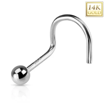 Ékszer webáruház elegáns ékszerek  - Hajlított 14K fehér arany orr piercing - fényes sima golyó - A piercing vastagsága: 1 mm