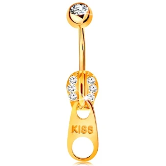 Ékszer webáruház elegáns ékszerek  - Köldök piercing sárga 9K aranyból - cirkóniákkal és KISS felirattal díszített cipzár